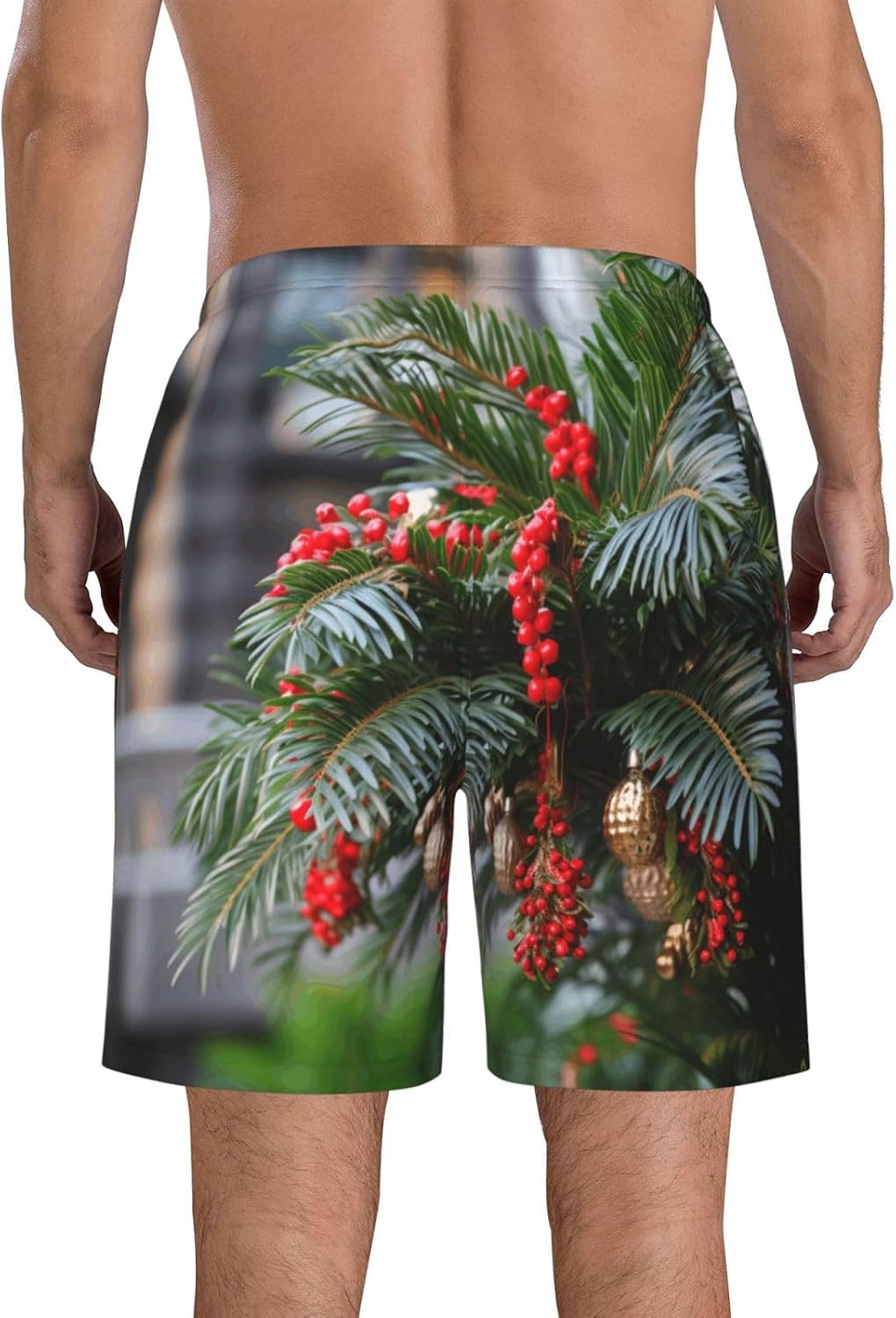Merry Christmas Palm Tree Print Mens Casual Shorts Drawstring Summer Beach Stretch Shorts Novelty Swimtrunks