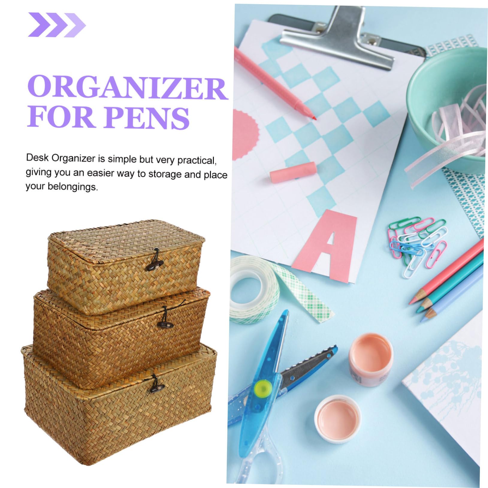 VICASKY Set da 3 Scatole Portaoggetti Intrecciate in Paglia con Coperchio per Organizzare Casa, Stile Naturale Rustico con Funzione di Archiviazione e Fragranza Naturale
