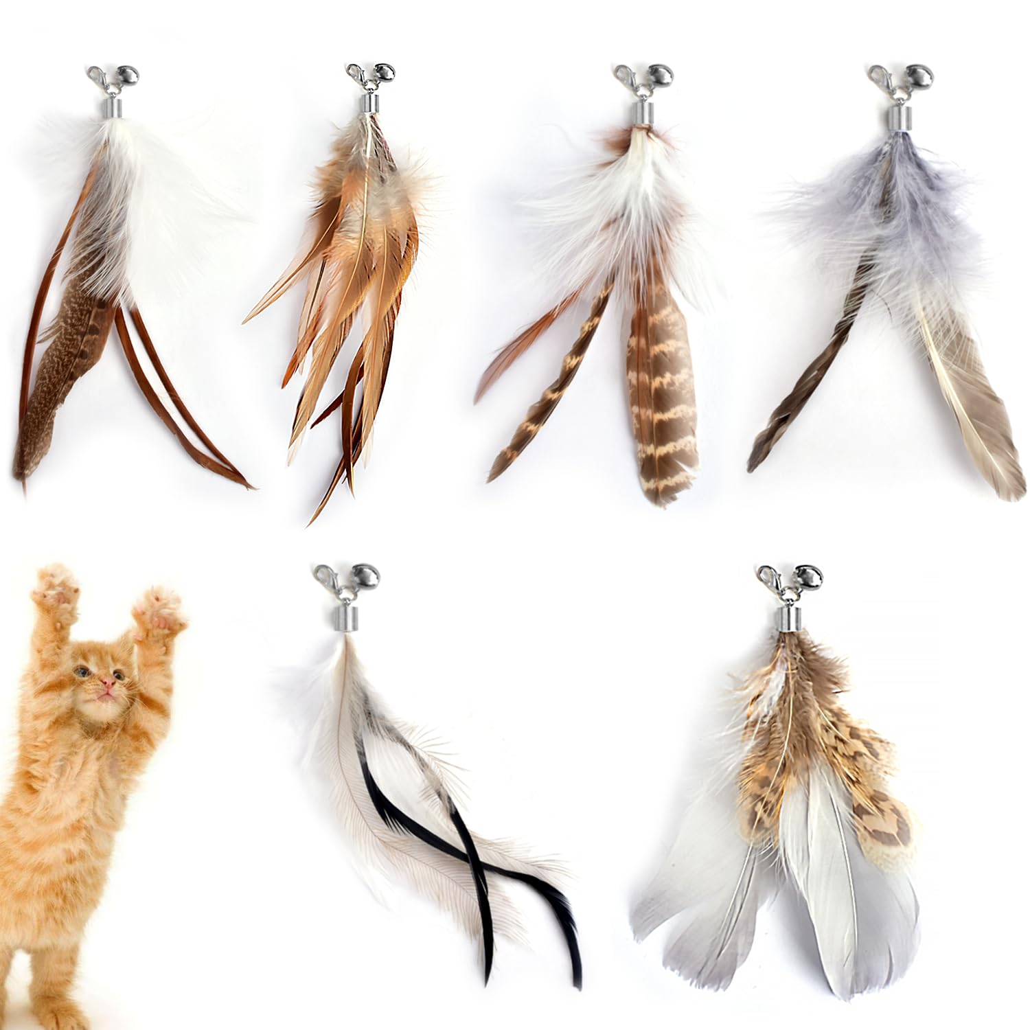 Cat Feather Toys Refills Cat Wand Replacement Feathers 6 PCS Handmade Cat Toy Feather Refills for Cat Wand Attachments Interactive Feather Cat Toy for