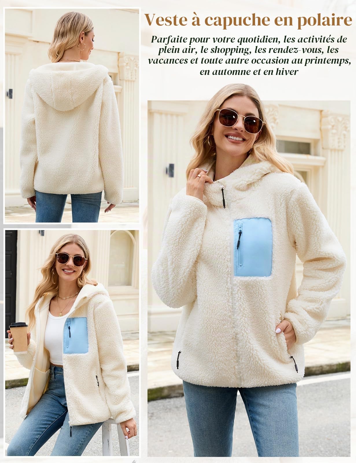 Veste Polaire Femme Hiver Sweat à Capuche Zippé Chaud Blouson Manteau Doublure Manteaux à Capuche Manche Longue Jacket Automne Casual Outwear avec Poches