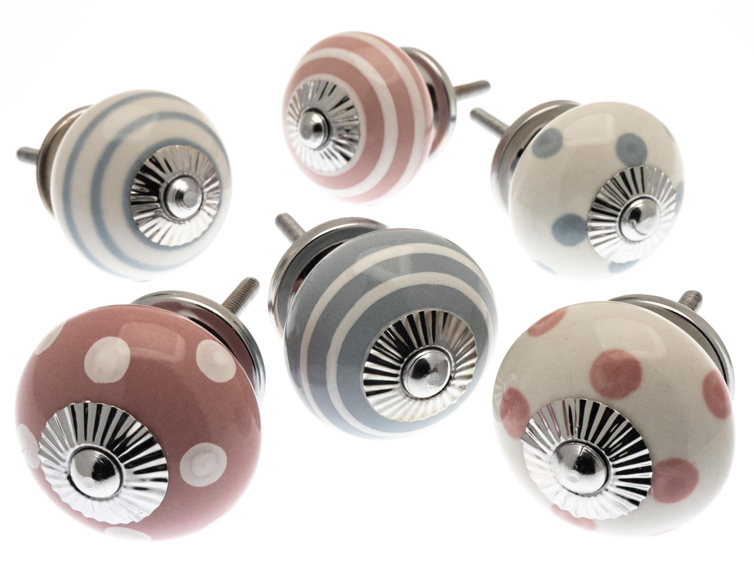 Mango Tree Cupboard Knobs Decorative Pastel Pink And GreyWhite With DotsSpots And Stripes Ceramic Door And Drawer Handles Set Of 6