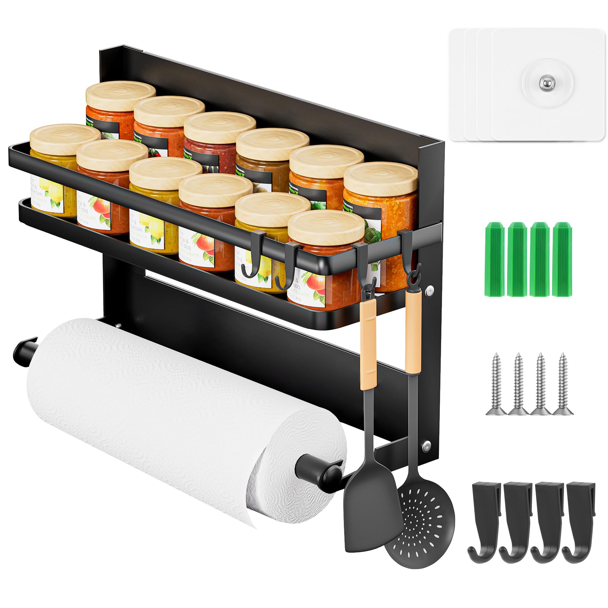 Jokisa Porta Spezie per Cucina con Porta Rotolo da Cucina e 4 Ganci –Portaspezie da Parete Senza Forature per Organizzare e Risparmiare Spazio in Cucina
