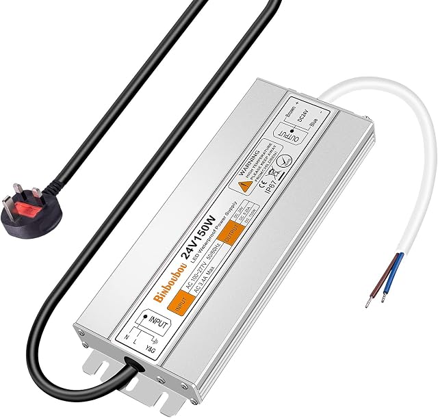 Binboubou 150W LED Driver Power Supply,DC 24V Low Voltage Transformer Adapter Ultra Thin IP67 Waterproof with UK Plug for LED Lights,Indoor and Outdoor Lights