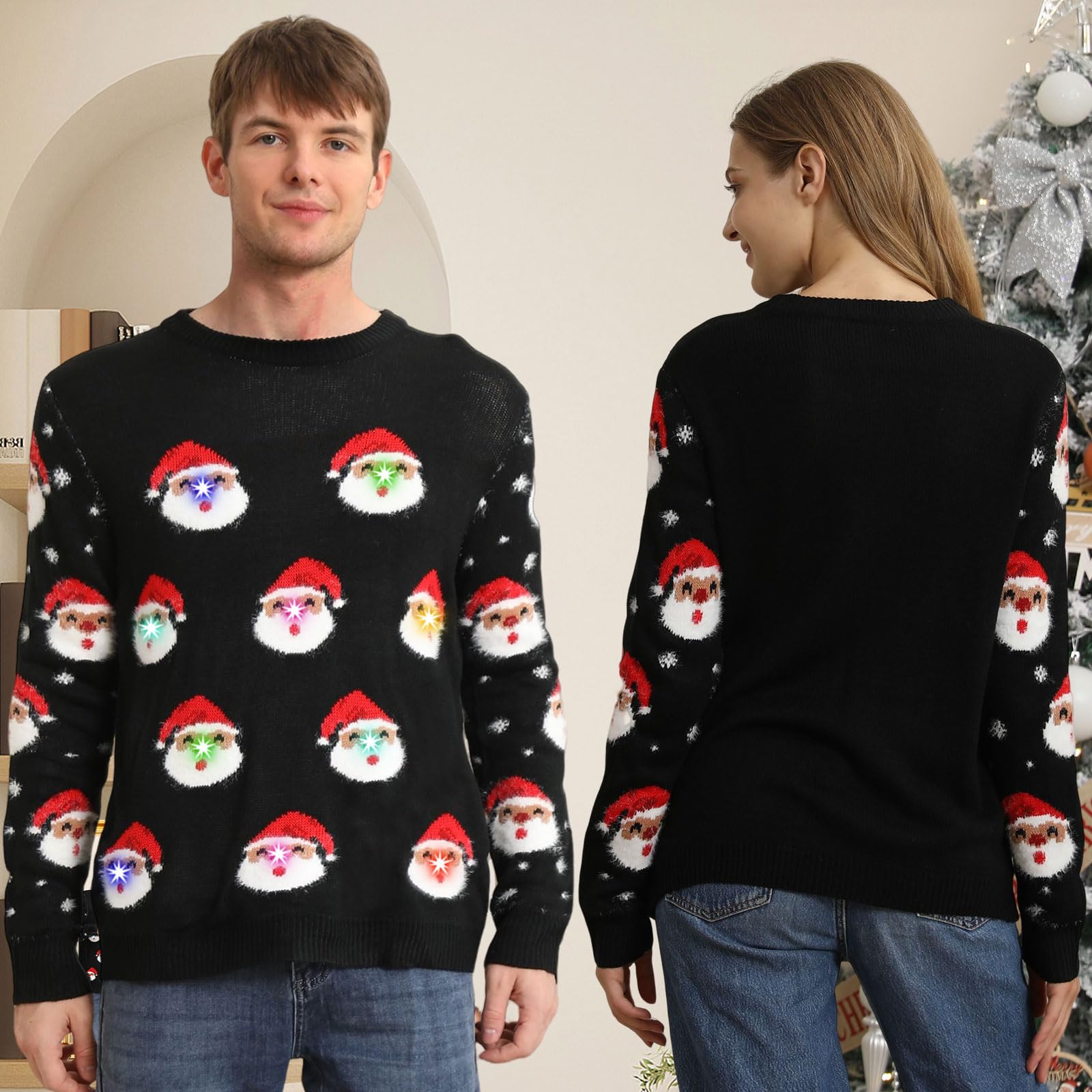 Maglione Natalizio con Luci LED, Maglioni Natalizi Famiglia Set, Brutti Maglione Natalizio Uomo Donna Ugly Christmas Sweater, Manica Lunga Maglia Natale Maglione di Natale per Coppia