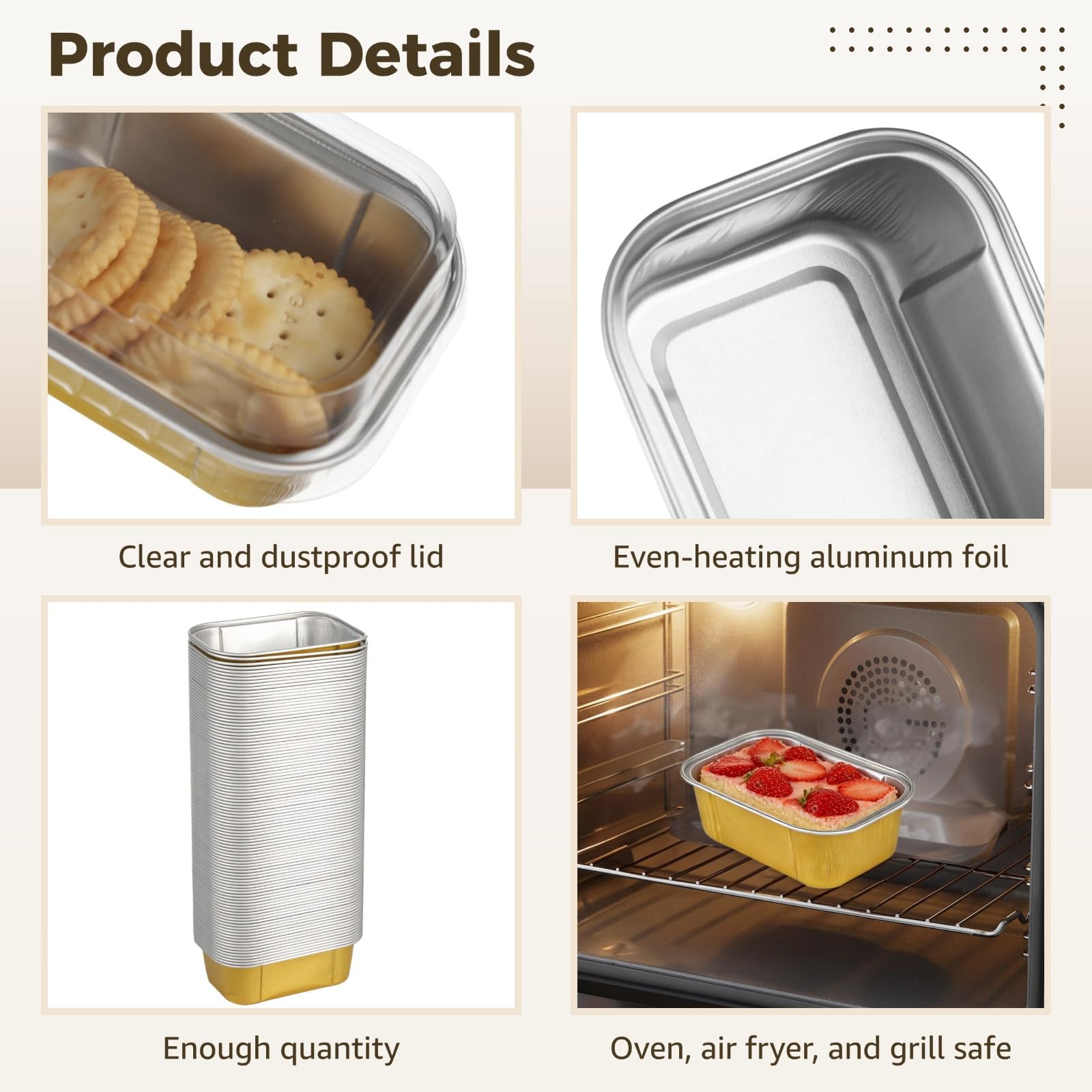 Lot de 100 moules à gâteau jetables en aluminium avec couvercles, 161,6 g, mini moules à pain rectangulaires dorés, récipients individuels en étain pour la cuisson, le rôtissage, le stockage