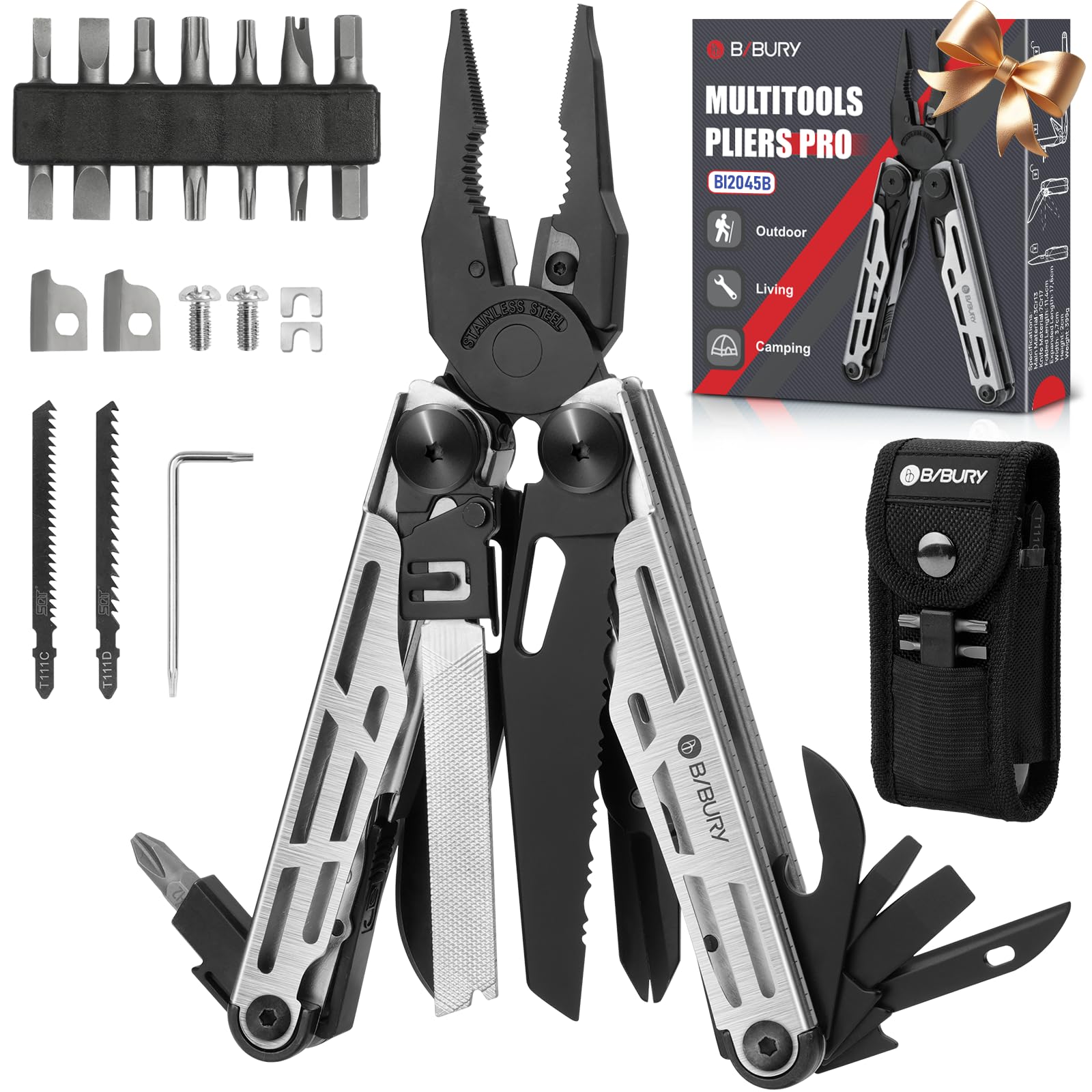 Multitool Pliers Pro BI2045, Foldable Multitools with Replaceable Wire Cutters and Saw, Stainless Steel Multi Tool w/Upgraded Scissors and Screwdriver Set, Ideal for Camping, Hiking, Survival