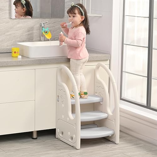 Miniatura 7 de Taburete Onasti de 3 escalones para niños pequeños torre de pie para niños pequeños taburete de plástico para el aprendizaje de la cocina el baño el