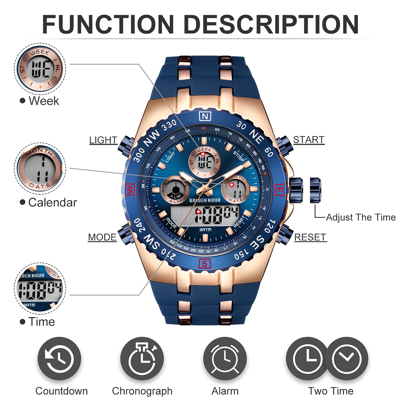 Montres de Sport pour Homme étanche, chronomètre, Date, Alarme, Lumineux, numérique, analogique, Militaire, avec Bracelet en Caoutchouc