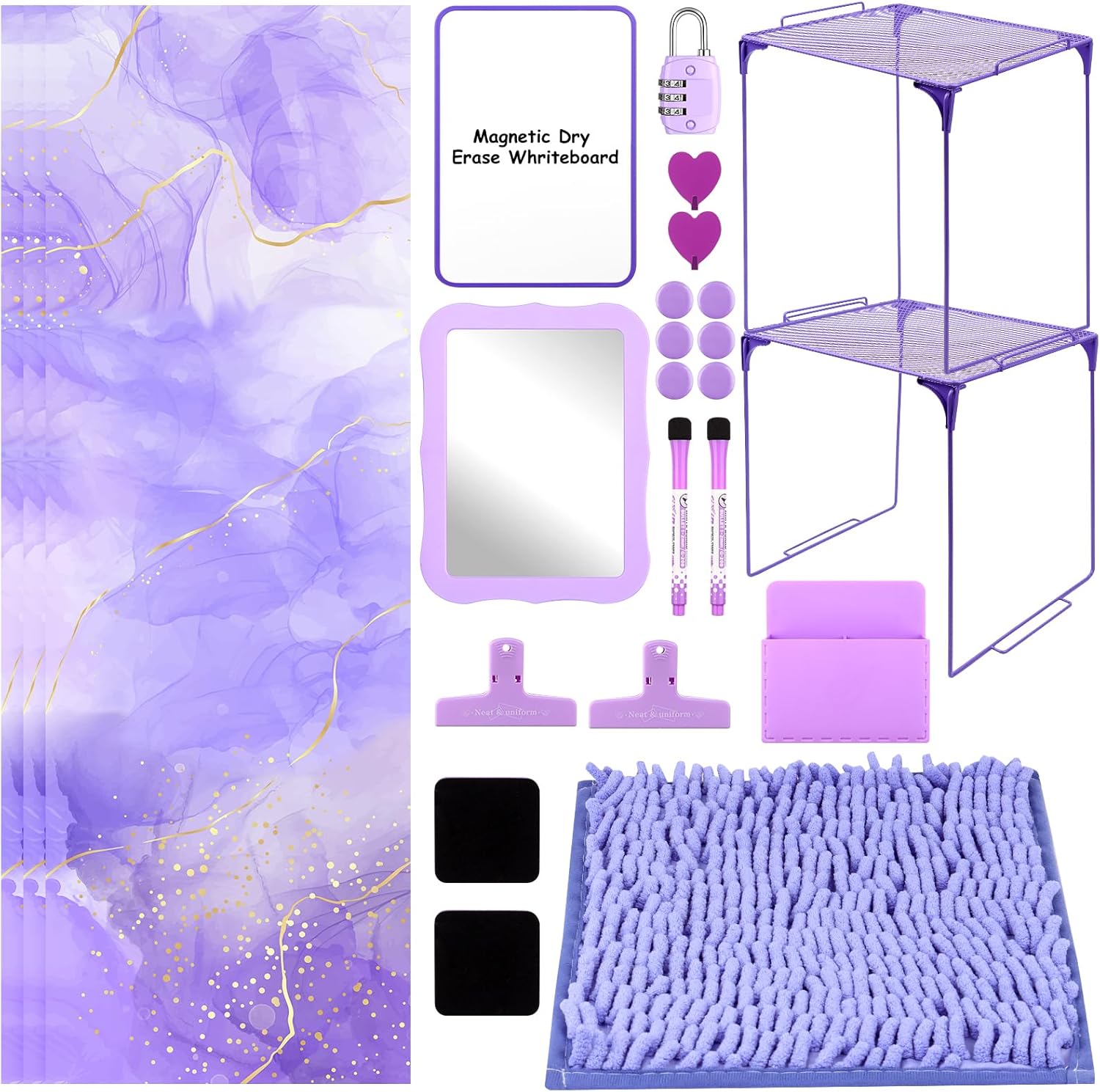 30Pcs Purple Locker Organizer and Decorating Kit Locker Accessories Kits Back to School Essentials Locker Set-Magnetic Wallpaper Clips Shelves Hooks Pen Holder Magnetic Whiteboard Mirror Magnets Mats