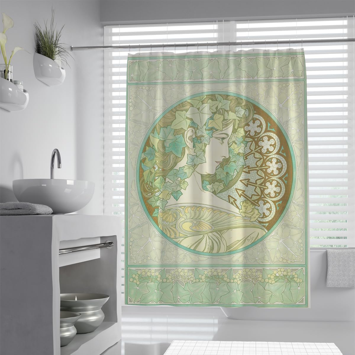 OLLIAR Home Sage Aesthetic Shower Curtain Retro Art Portrait Printing Bath Curtain Elegant Woman Green Floral Circle Pattern Fabric Bathroom Luxury Decor 90x180cm