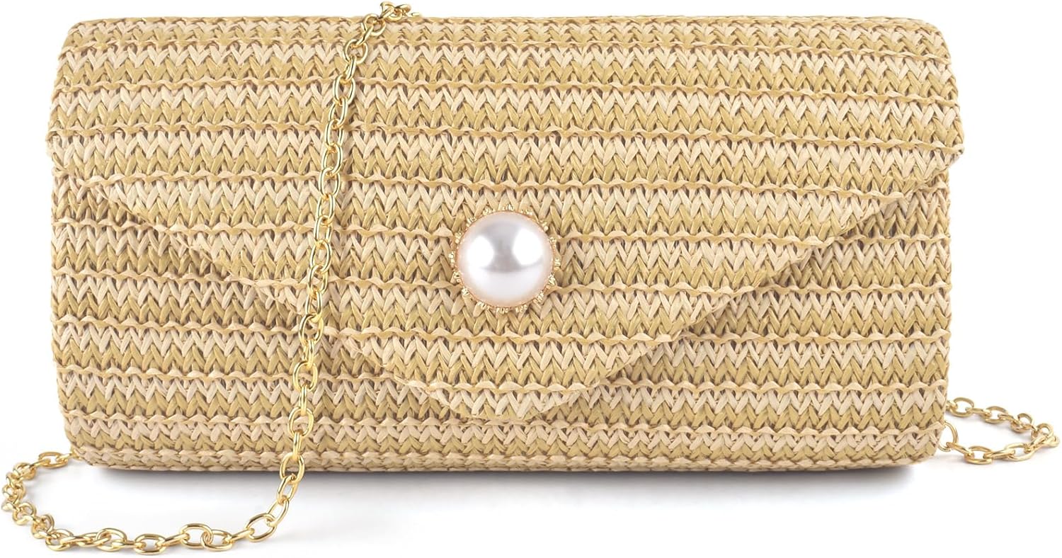 PACETAP Straw Clutch Purse for Women, Pearl Decoration Boho Crossbody Bags Handbags for Beach Travel Vacation Party Prom PACETAP Straw Clutch Purse for Women, Pearl Decoration Boho Crossbody Bags Handbags for Beach Travel Vacation Party Prom