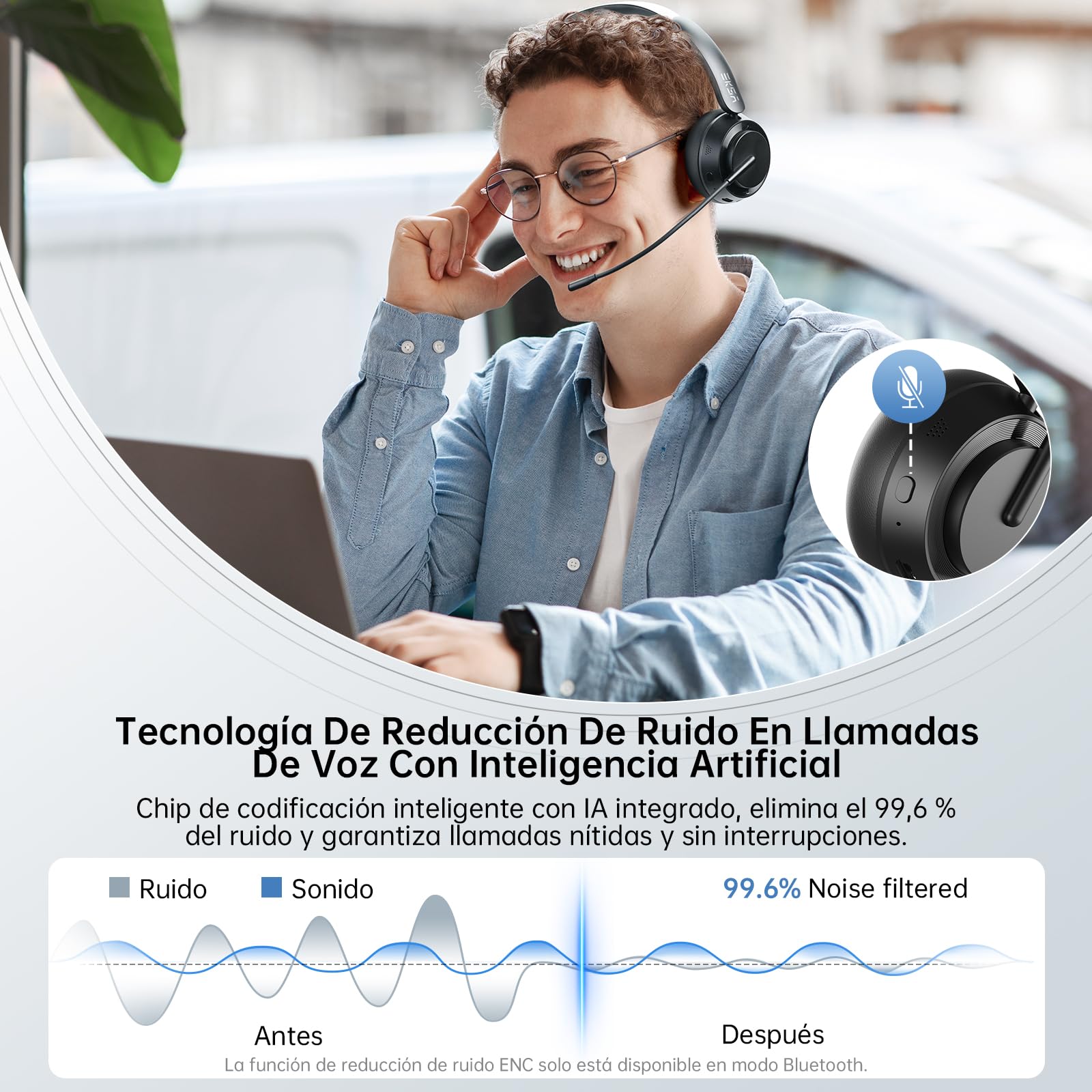 EKSA H35 Auriculares Bluetooth, Cascos Inalámbricos con Micrófono, [25H Batería y 169 g ], Auriculares con Cancelación de Ruido ENC AI, Wireless Headset PC, para Teletrabajo/Cell Center/Oficina