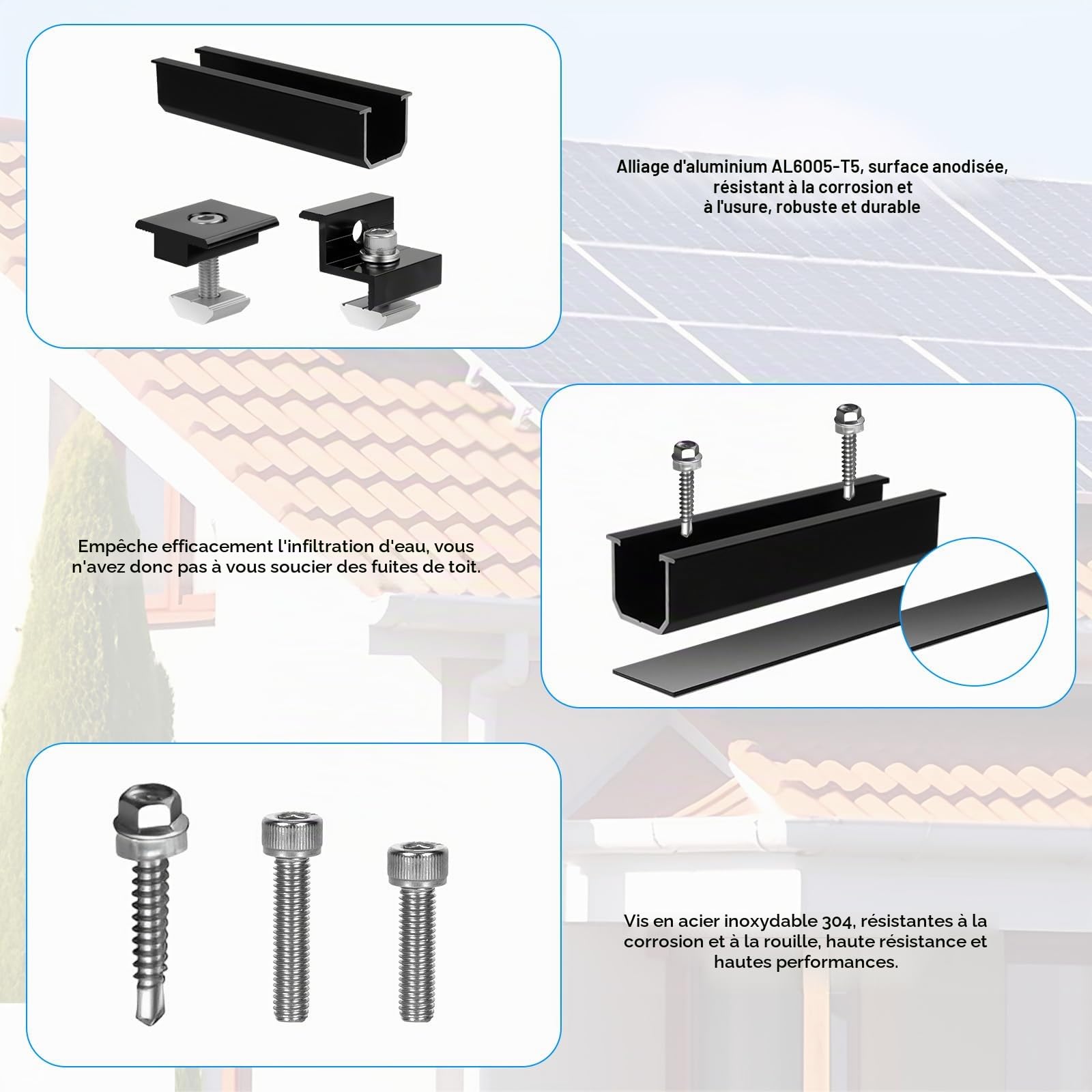 Support de Panneau Solaire pour 2 Modules, Rails Profilés en Aluminium de 12cm + Pince Réglable pour Modules de 30 à 35mm D'épaisseur, Kit de Montage pour Toit Plat, Trapézoïdal, Toit en Tôle