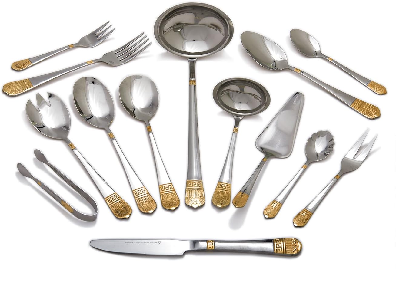 Swiss Silverware Flatware Set 304 18/10 Surgical Stainless Steel w/ 24k White or Yellow Gold Plated Accents Service for 12 (24k Gold Plated)