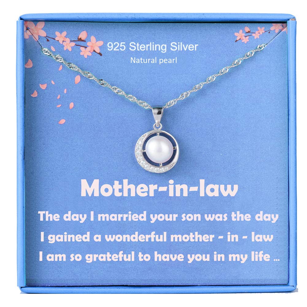 Gifts for Mother in Law Necklace 925 Sterling Silver Single Pearl Pendant Moon CZ Cubic Zirconia 18K Gold Plated Jewelry Gift from Daughter in Law for Women Birthday Gift Ideal