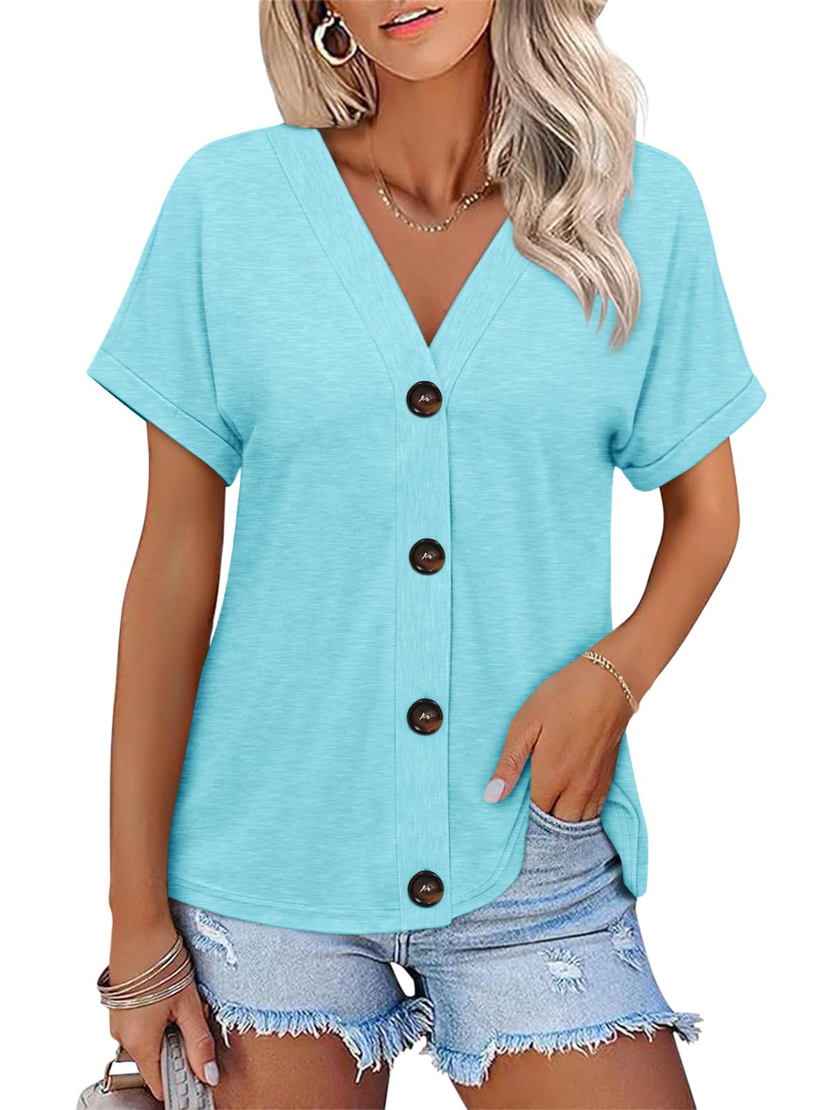 TICTICMISS Womens Summer Tops Short Sleeve Button Down Shirts Casual V Neck T Shirts Trendy Tunic Tops