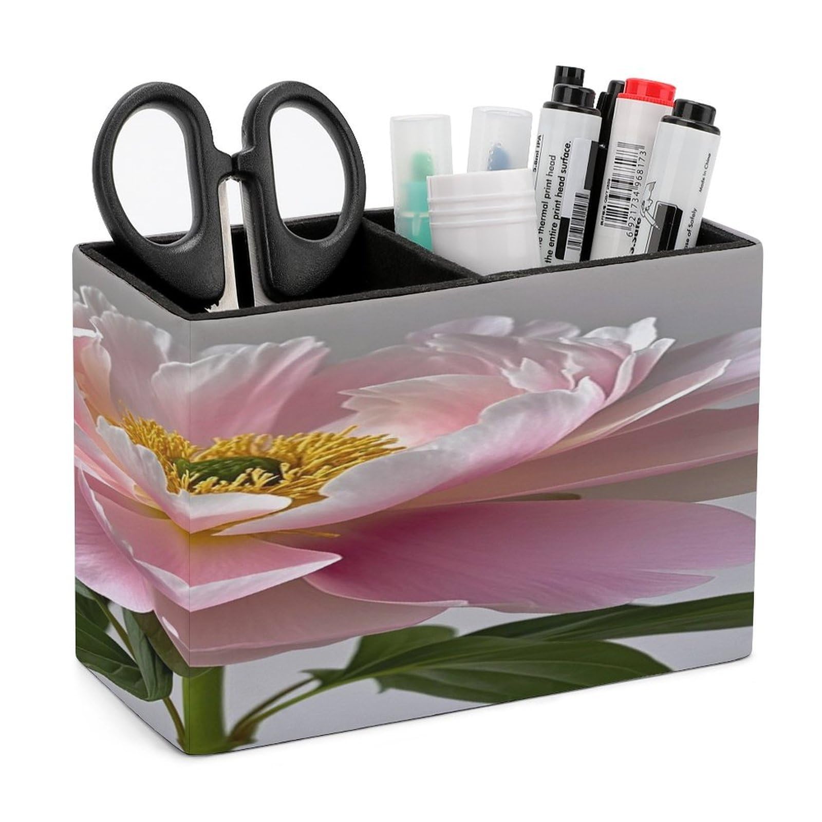 LZQPOEAS Peony Leather Pen Holder Square Pencil Holder Multi-Functional Desk Organizer Modern Pen Cup Pencil Cup Minimalist Desktop Stationery Organizer for Desk Office Home