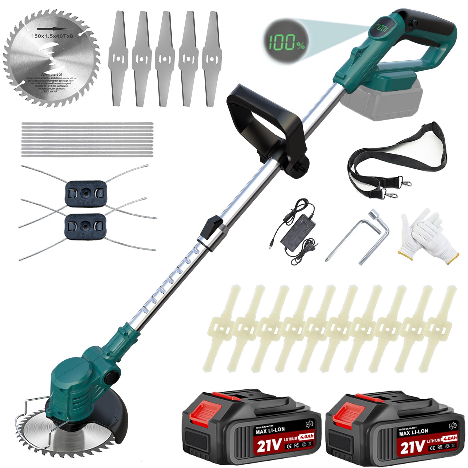 YEXLXLN Rasentrimmer mit Akku und ladegerät, Akku Rasentrimmer für Makita-Akkus mit 4 Klingentypen und 2 x 2,0 Ah Batterien, 21V Freischneider Akku für Garden Trimmen (Blau)