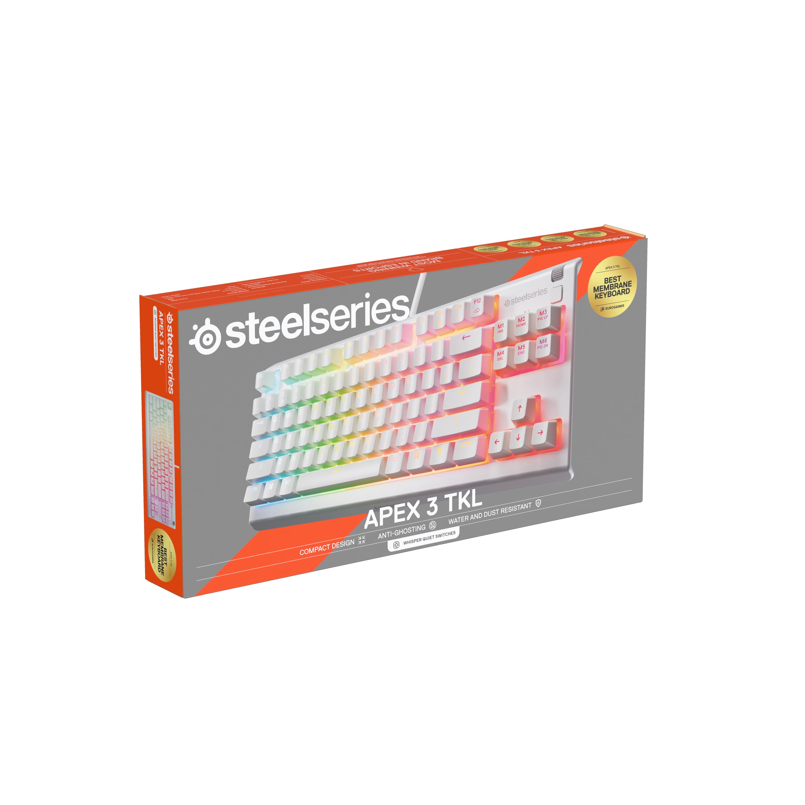 SteelSeries Apex 3 TKL - Tastiera Gaming Bianco - Fattore di forma compatto senza tastierino - Illuminazione RGB a 8 zone - Resiste ad acqua e polvere - Switch da gaming super silenziosi - UK QWERTY