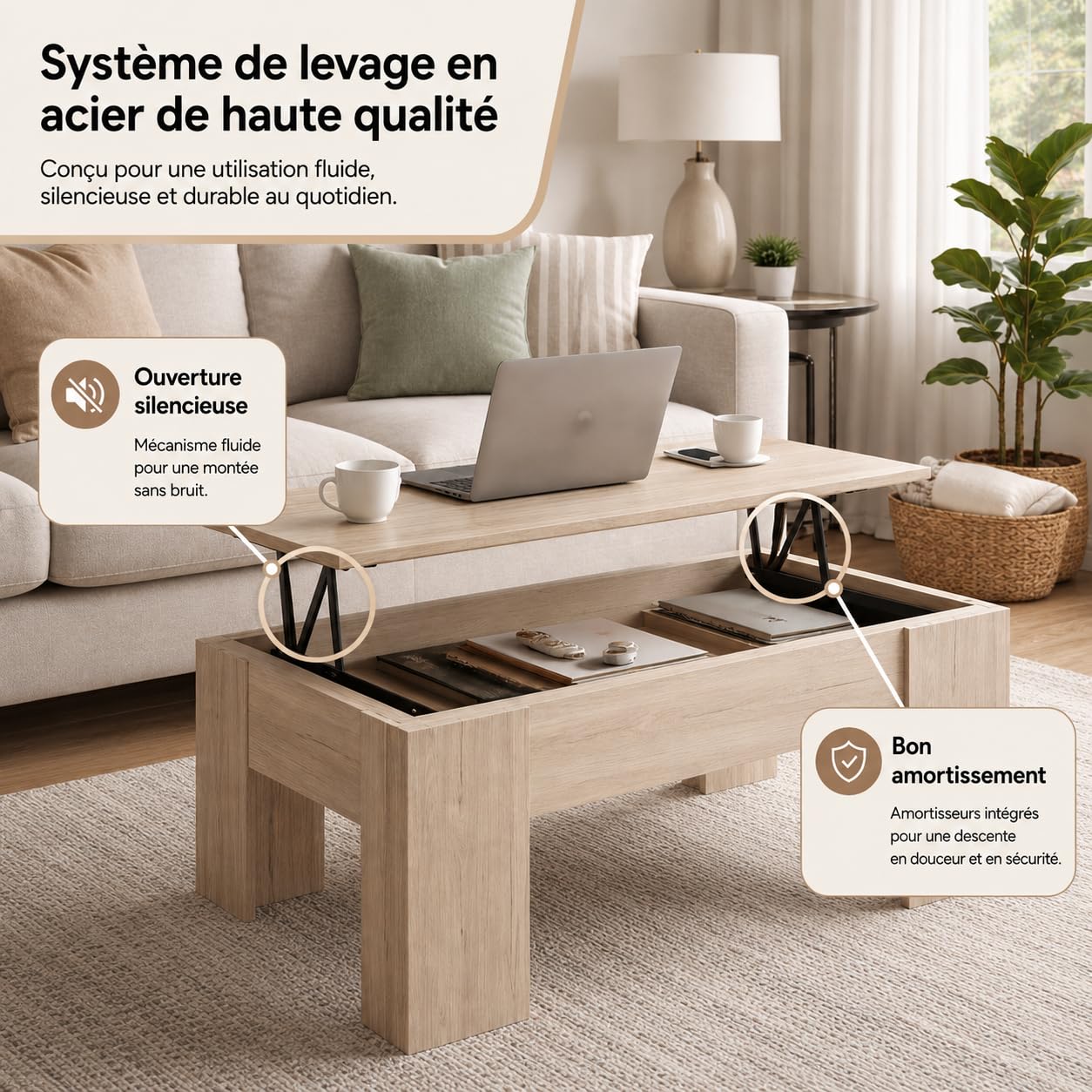 Table Basse relevable Bois Clair. 100 x 45 x 50 cm. Table de Salon avec Compartiment Moderne. Table Basse avec Plateau relevable