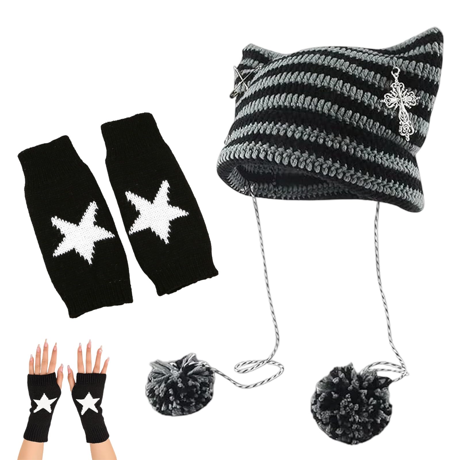 1Pcs Cat Beanie + 1Pcs Star Printed Fingerless Gloves, Cat Hat for Womens Clothing Accessories Accessories for Y2K
