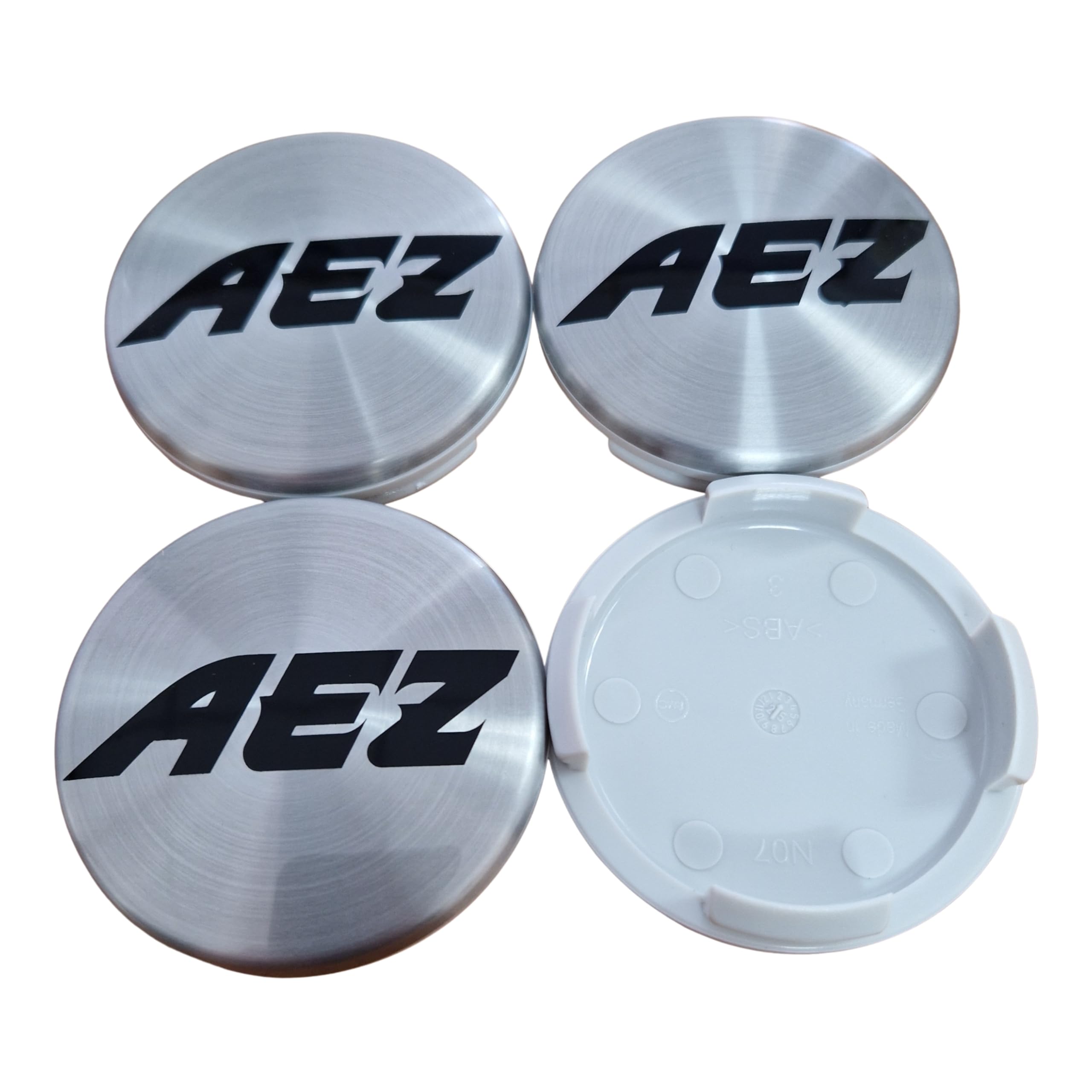 4X AEZ Nabendeckel 60 mm / 56 mm (AZA), Felgendeckel Nabenkappe Radnabenkappe N07, Silber Alu Gebürstet, Original Felgenkappe