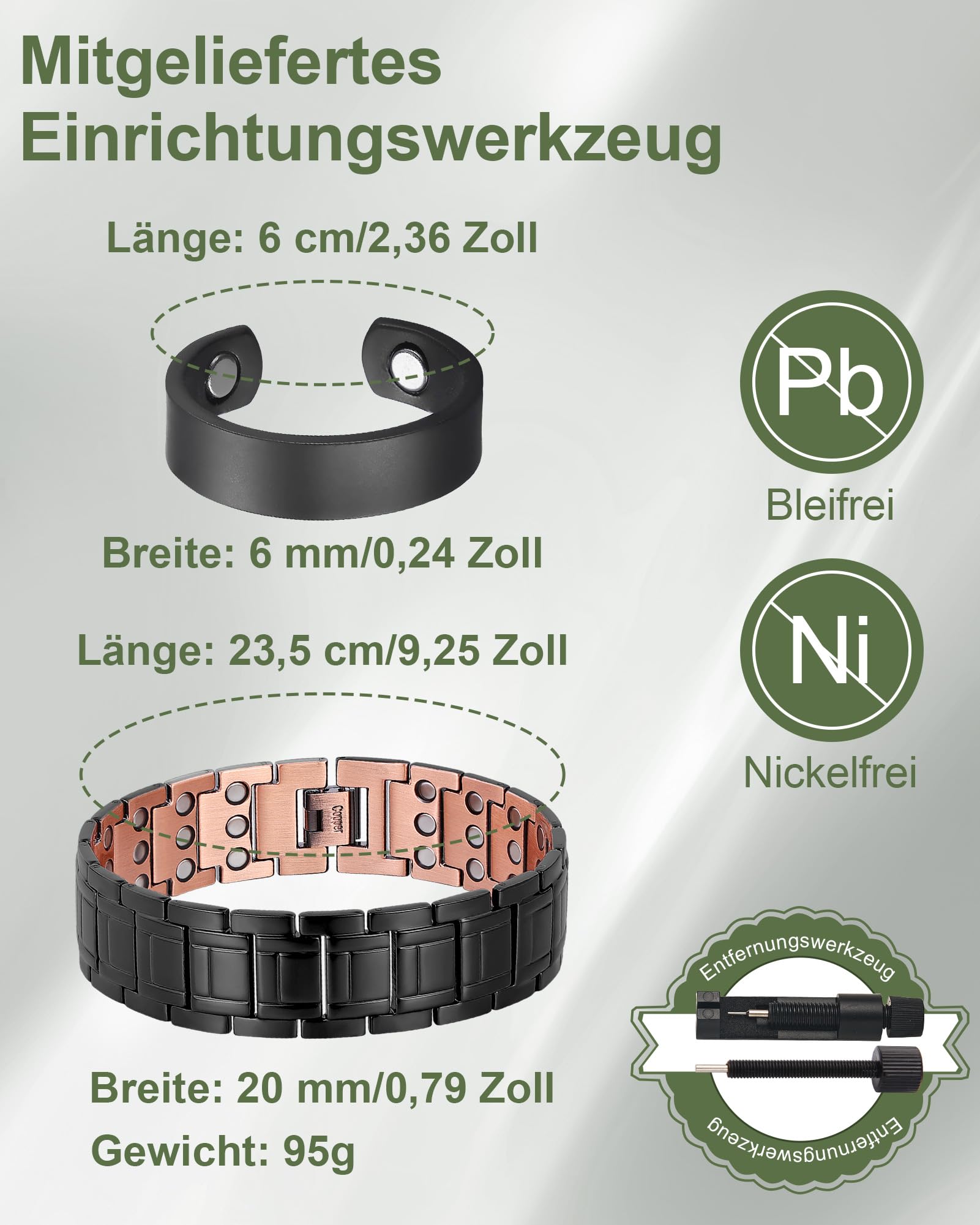 MagEnergy kupferarmband herren – Drei Ultra-Starke Magnete, Männliches Design Reines Kupfer-Magnetarmband, Einstellbare Länge mit Größenanpassungswerkzeug (schwarzer Anzug)