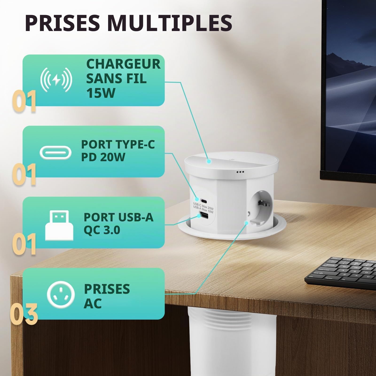 Bloc Prise Encastrable Plan de Travail Multiprise Encastrable, Prise de Table Escamotable 3 Prises avec 1 USB C 1 USB A - Table Rétractable - avec Chargeur sans Fil (Blanc)
