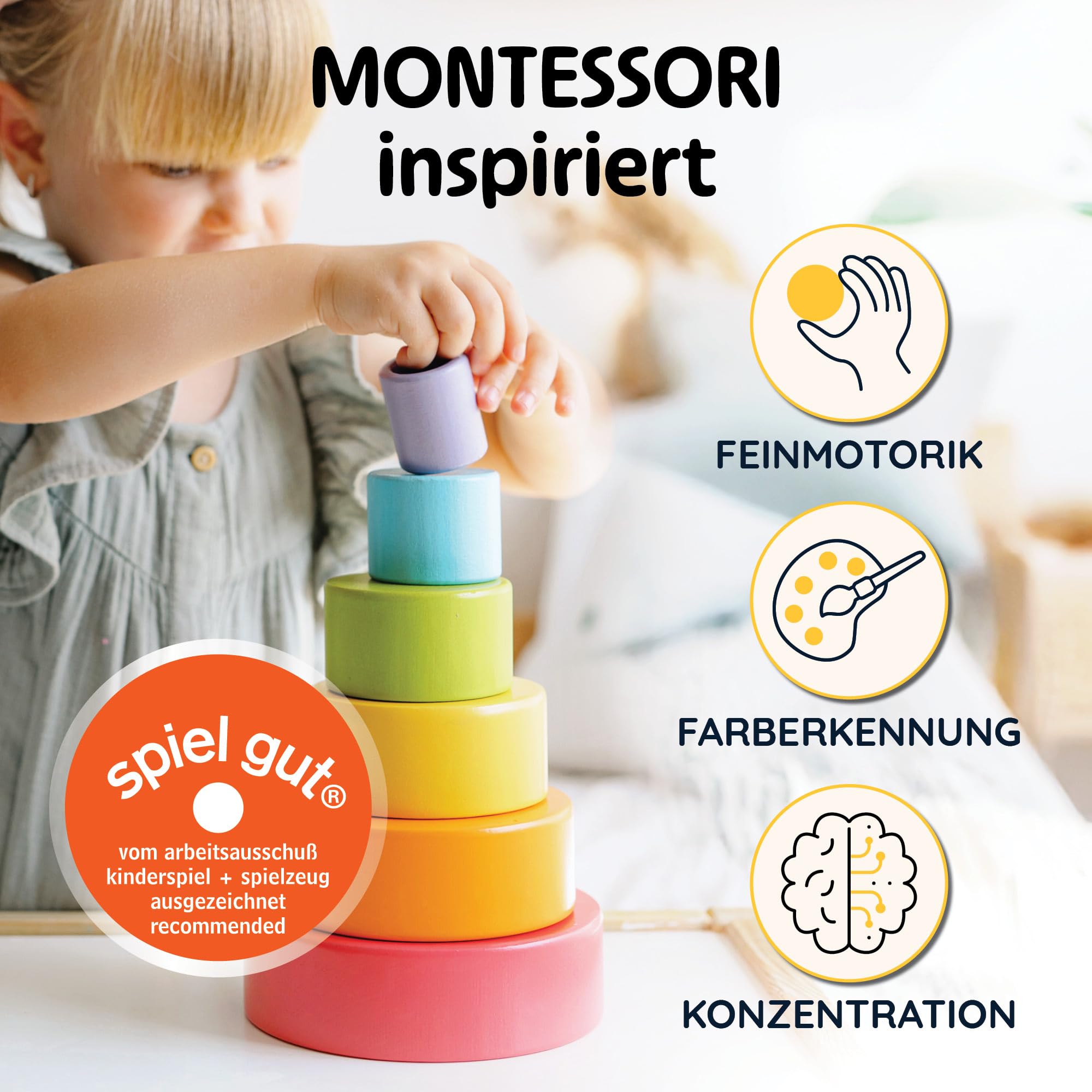 Merle Toys® Stapelbecher Baby Spielzeug, 100% FSC-Zertifiziert, 6X Stapelbecher ab 1 Jahr, BPA-Frei, Stapelturm Baby Holz, Stapelturm ab 1 Jahr, Stacking Cups, fördert Motorik und Kreativität