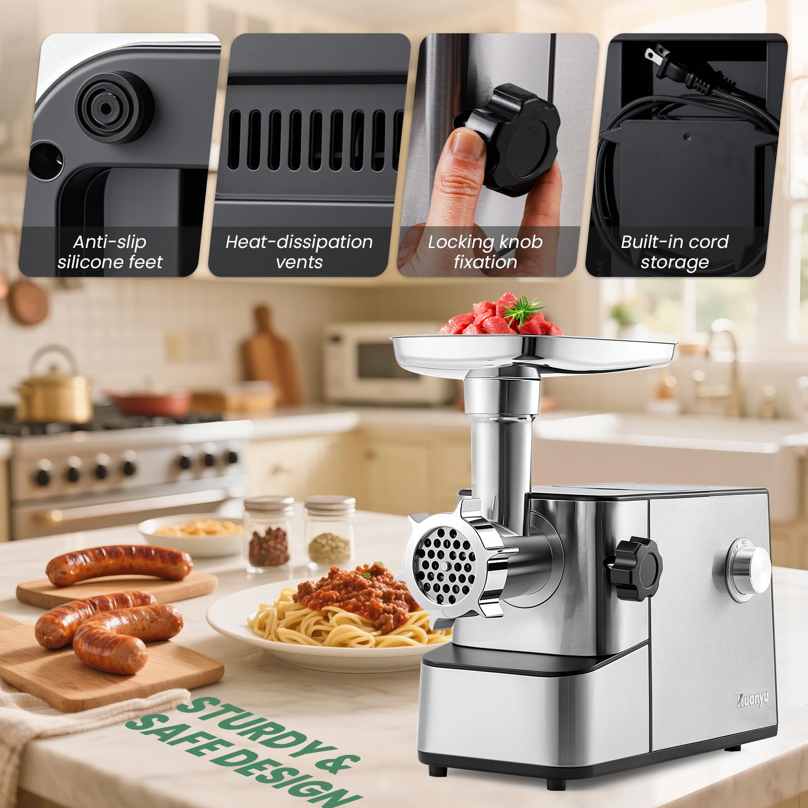 Trituradora eléctrica de carne, trituradora de verduras de alta resistencia y afeitadora de hielo de 3200 W de potencia máxima, 2 cuchillas, 3 platos, tubos de salchicha y kit de kubbe de 7