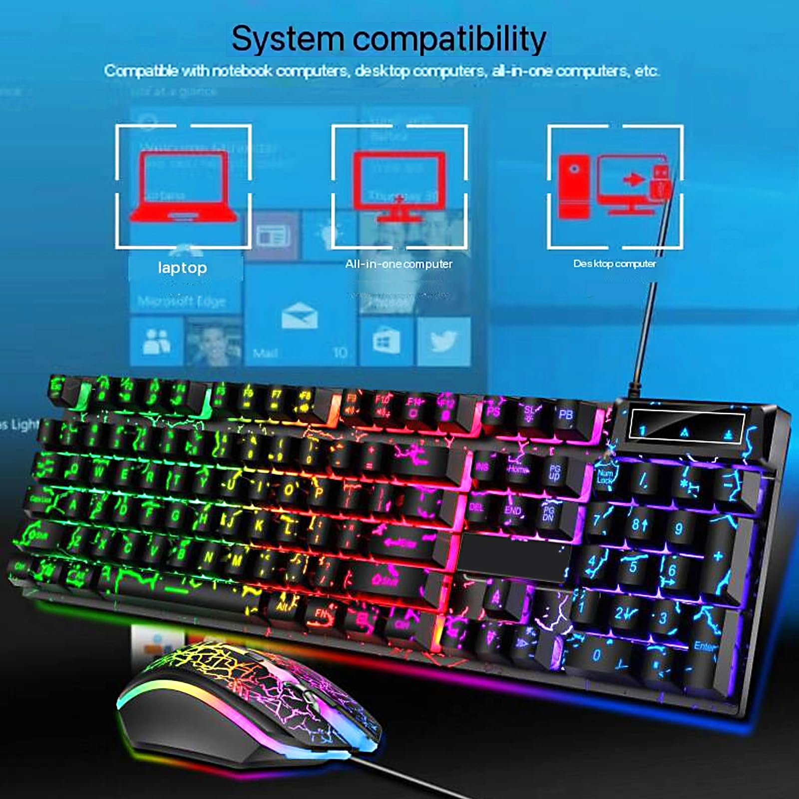 Tastiera e mouse da gioco cablati con crepa arcobaleno, 104 tasti che si illuminano meccanicamente, tastiera e mouse da gioco cablati per PC, Mac, Xbox Gamer, (nero)
