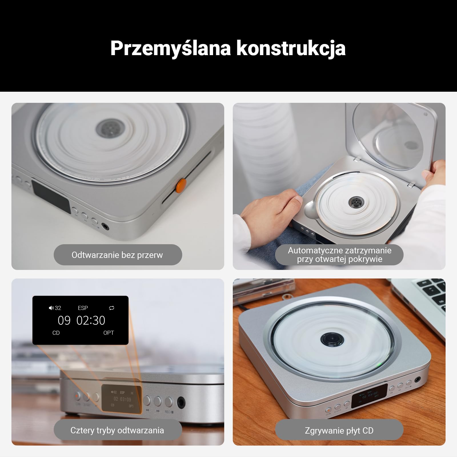 Fosi Audio Merak Odtwarzacz CD Hi-Fi, Stacjonarny Odtwarzacz z DAC CS43131 i Wzmacniaczem TPA6120, Zgrywanie CD na USB, Obsługa CD-R/CD-RW/CDDA, Wyjście Optyczne i Line Out