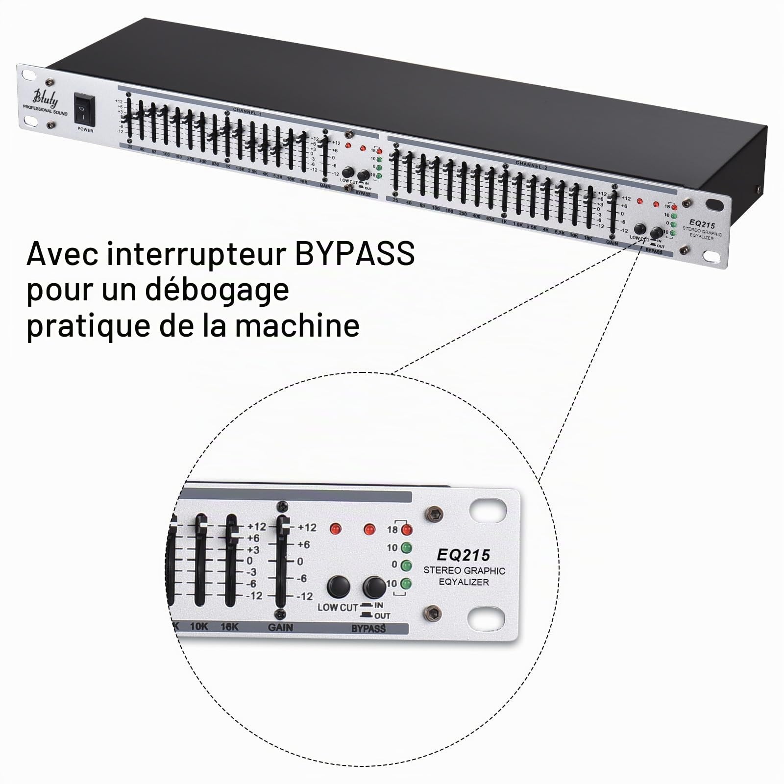 Btuty EQ-215 Égaliseur Double Canal 15-Bandes 1U Montage en Rack Égaliseur Graphique Stéréo 2 Canaux