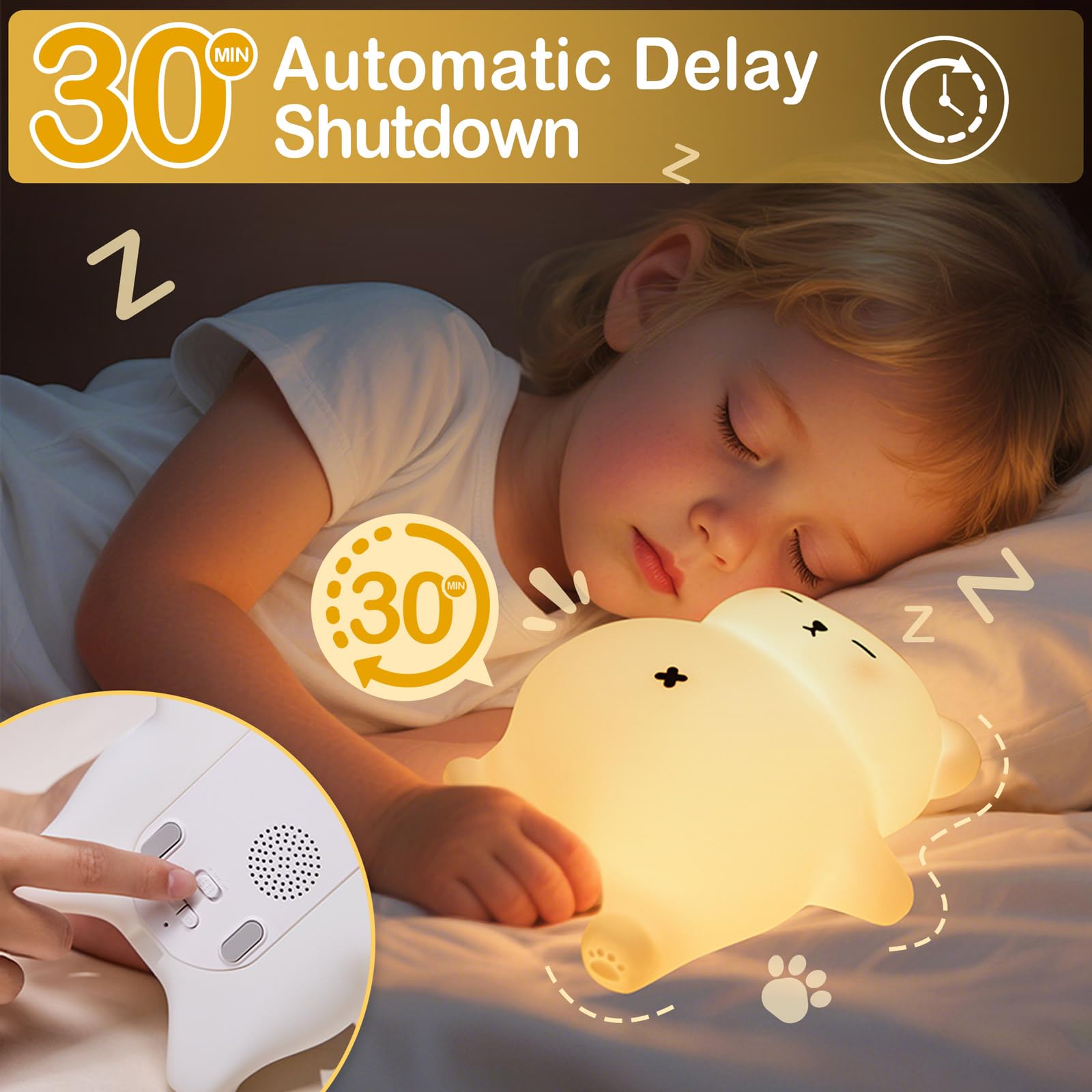 Luz nocturna de oso blanco ronquido, lámpara blanda recargable – Luz nocturna LED de silicona para guardería de animales Dimmanble Touch – Regalo lindo divertido de cumpleaños y Navidad para
