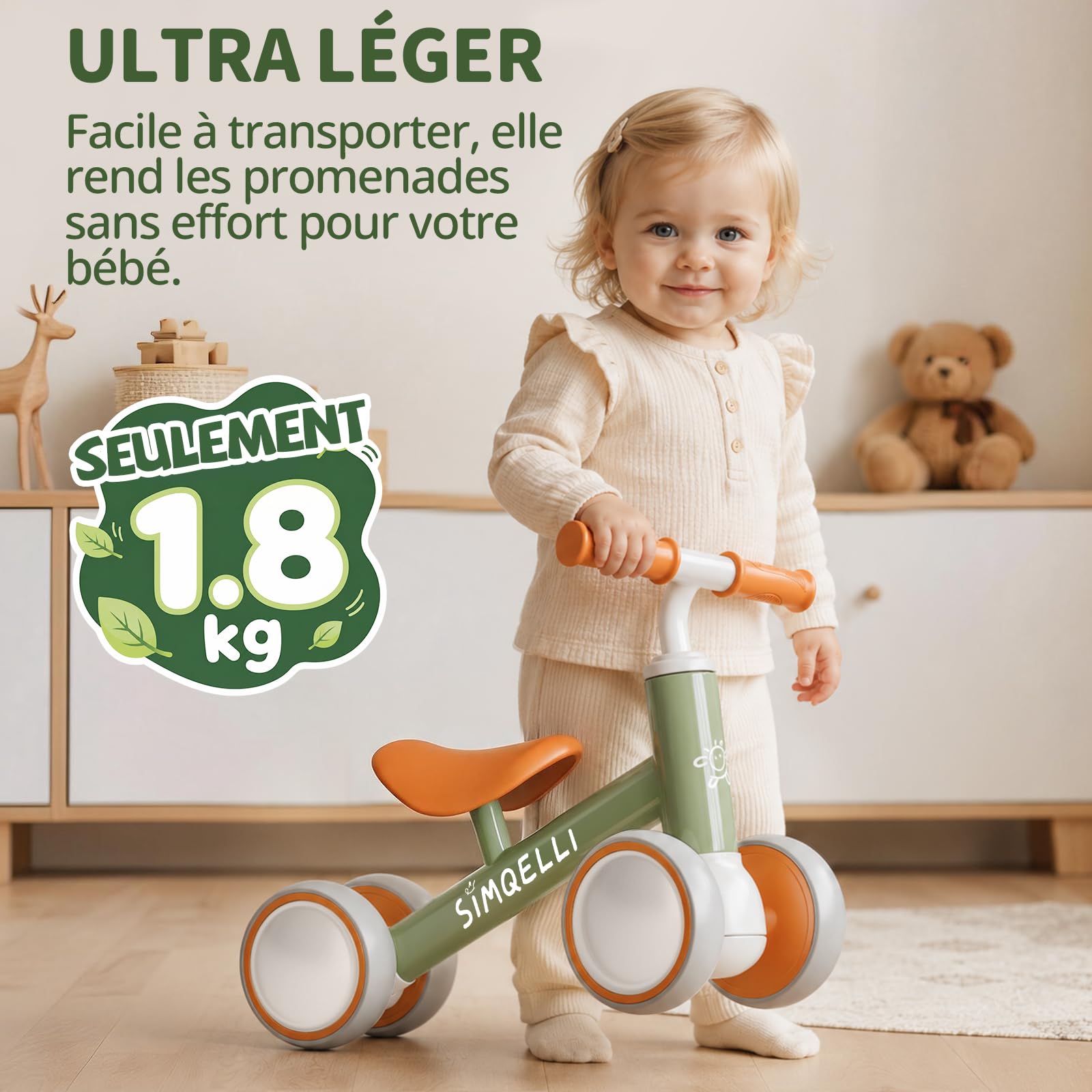 Draisienne Bebe 1 an, Jouet Enfant pour 10-24 Mois, Vélo sans Pédales, Porteur Enfant 1 an, 4 Roues Vélo d'équilibre pour Garçons et Filles, Premier Cadeau Bébé Anniversaire Noel