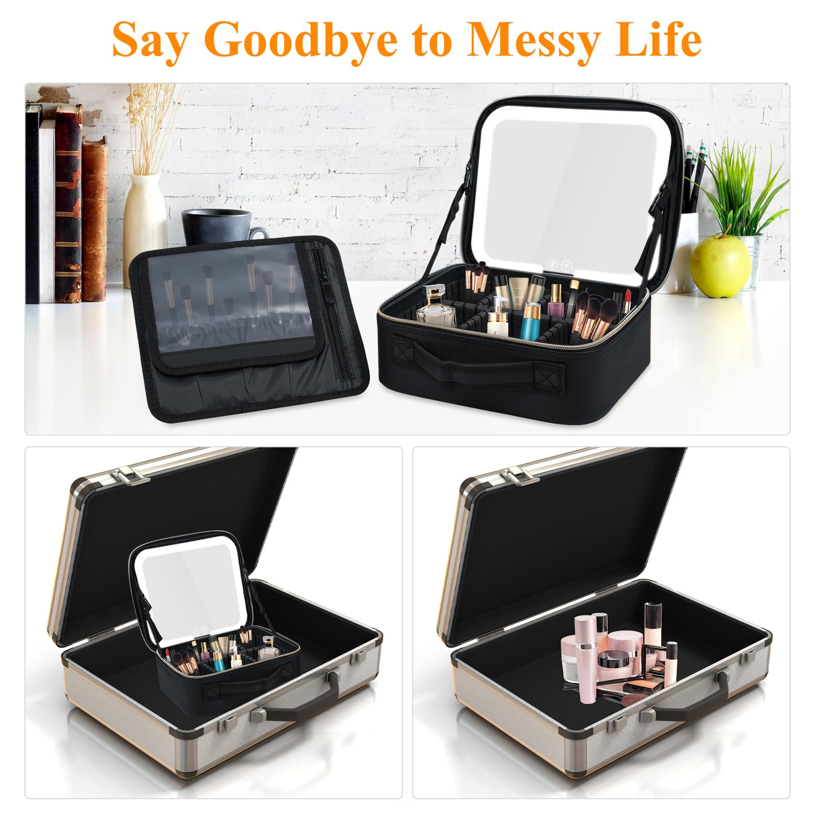 Brrnoo Organizer per Borsa per il Trucco con Specchio LED, Borsa per
