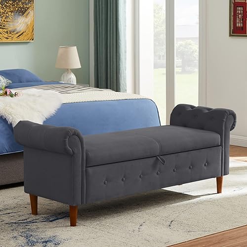 Miniatura 48 de Aoowow Banco de almacenamiento de 63 pulgadas para dormitorio, extremo de la cama, sofá otomano enrollado de tela de terciopelo armado, banco largo
