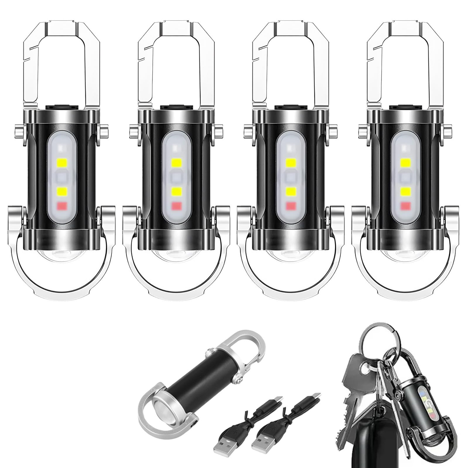 4 Pack 600LM Mini Keychain Flashlight Rechargeable, LED Keyring Torch Waterproof Led Pocket Torch Keyring Light 7 Modes Multifunctional Flashlights for Outdoor, Camping, Hiking [Energy Class A+++]