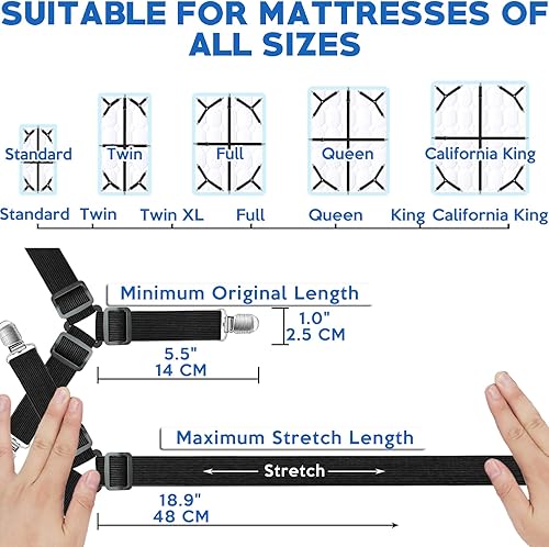 Miniatura 6 de Kelofty 4 clips para sábanas bajeras, 2 juegos de correas de soporte para sábanas con 3 clips antideslizantes, clips de colchón mejorados de 3