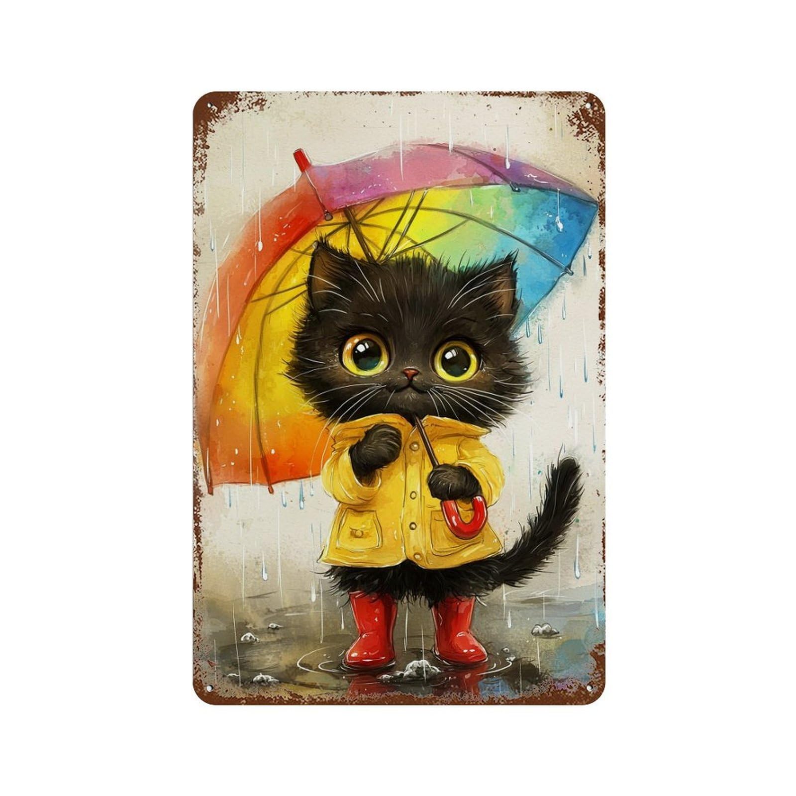 Rust Effect Rainy Day Kitten with Umbrella-3 Rusty Metal Tin Sign 11.8"x7.9", Decorative Metal Wall Art for Farmhouse, Kitchen And Entryway Decor