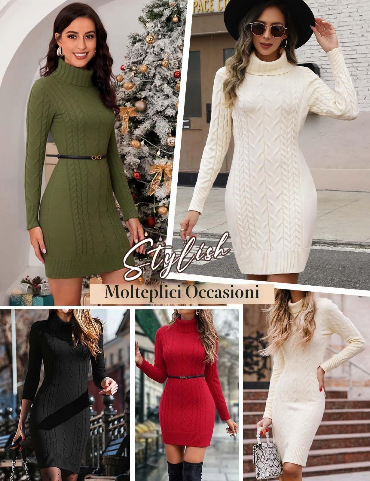 Vestito Maglione Donna Elegante Invernali Vestiti in Maglia Abito Slim Aderente a Maniche Lunghe Collo Alto Elasticizzato Tinta Unita Treccia Ritorta Autunno e Inverno