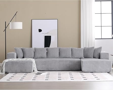 131 Modular Sectional Couch, U-Shaped Sofa, Chaise Lounge, Striped Fabric,Upholstered 4 Seater Couch for Living Room, Bedroom, Free Combination Sofa Corduroy, Gray