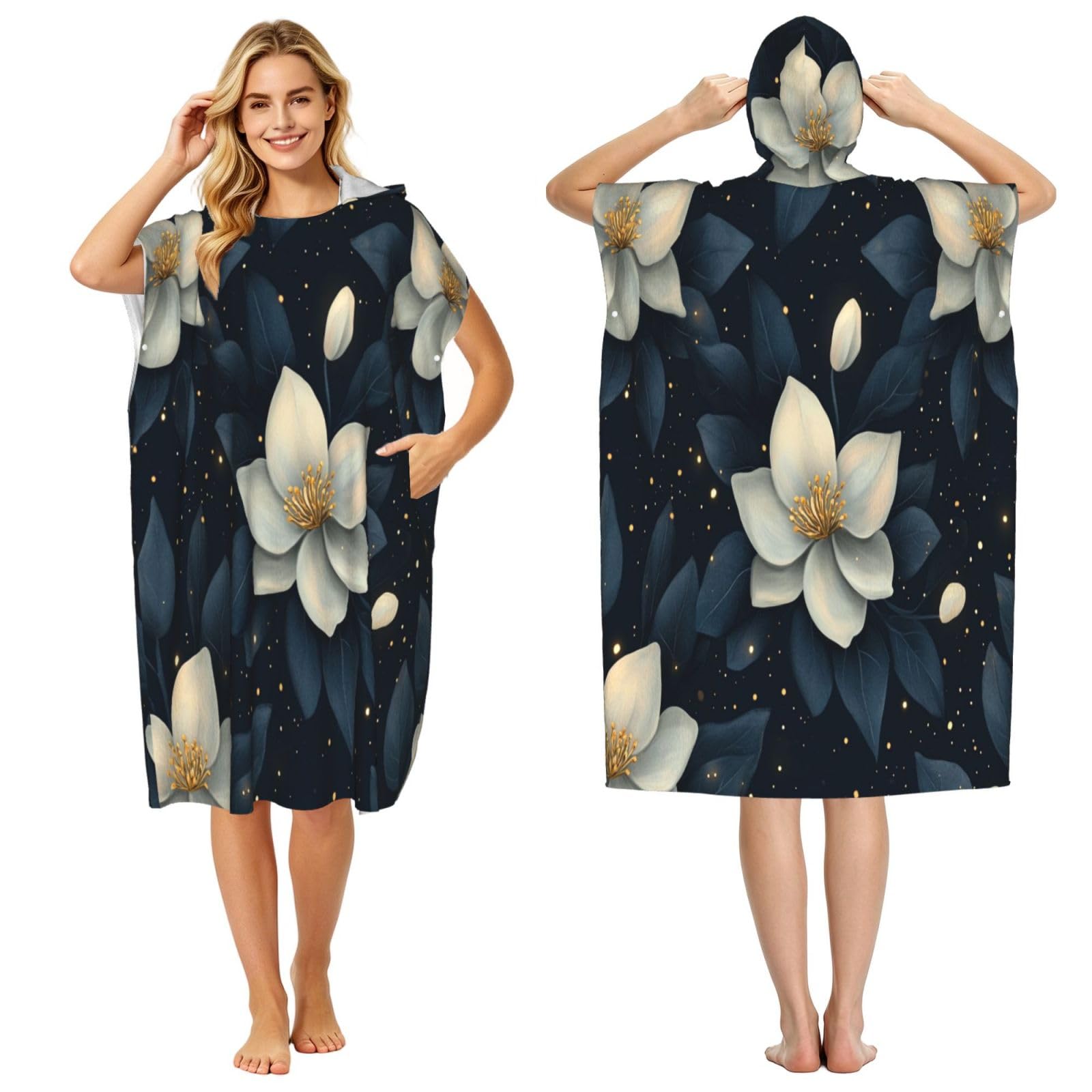 DTHKJNLSF Blooming Flowers Adult Hooded Beach Poncho Towel