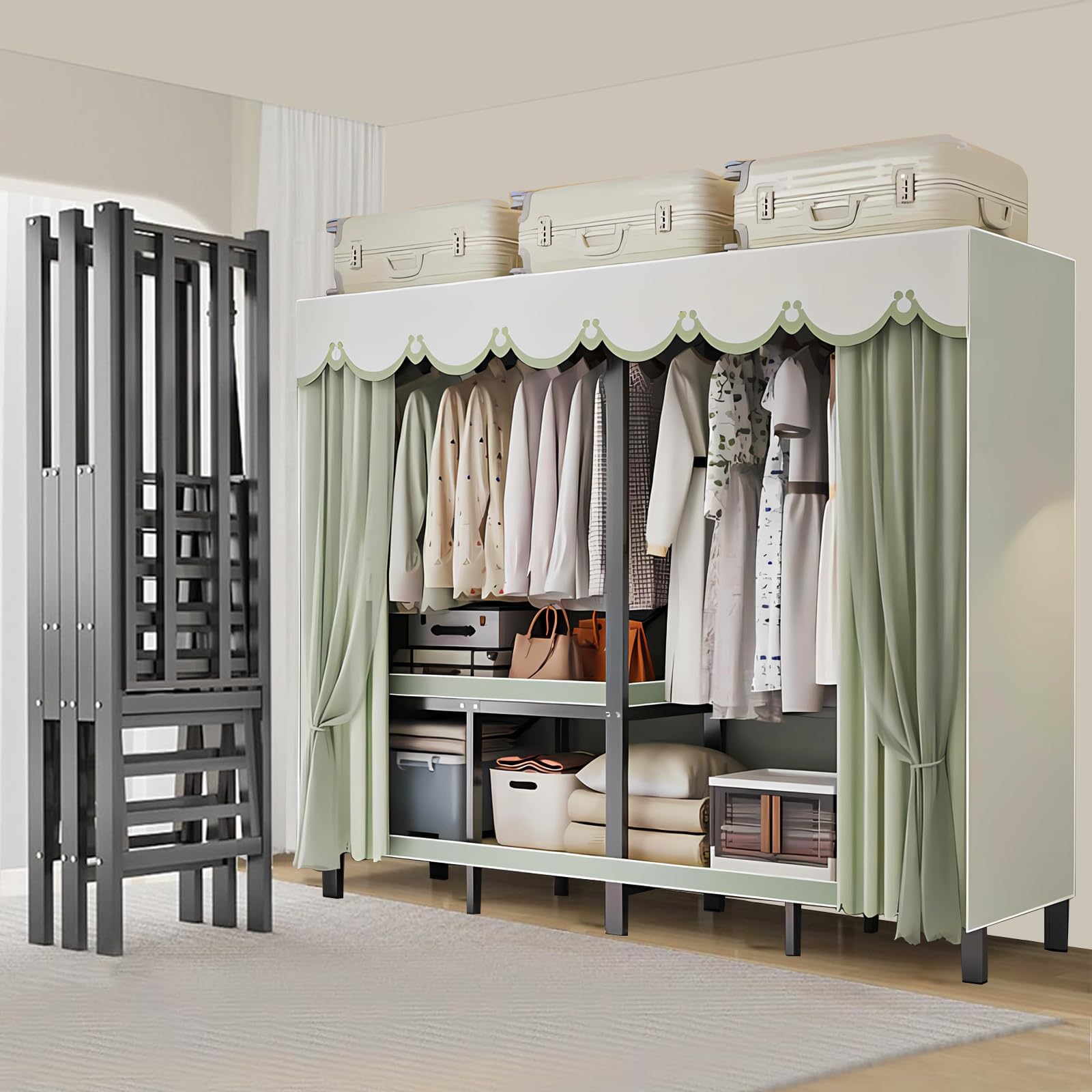 59in Heavy Duty Portable Closet with Cover Foldable Covered Clothes Rack for Hanging Clothes Armoire Wardrobe Closet System Freestanding Coat Storage Garment Racks (150cm/59in（Gauze curtain）)