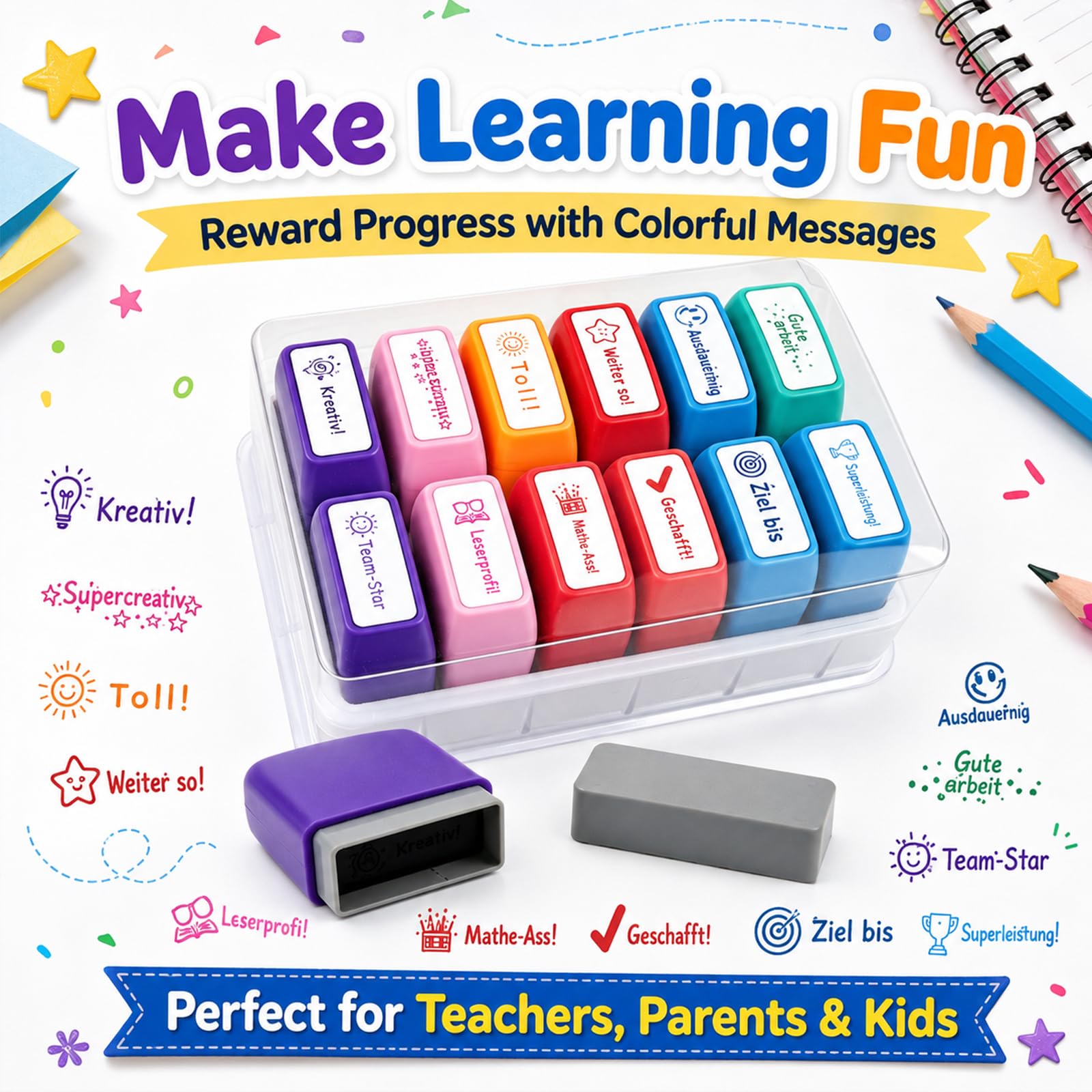 Set di 12 timbri motivazionali per insegnanti, per bambini, scuola e scuola domestica, timbri colorati per insegnanti e insegnanti