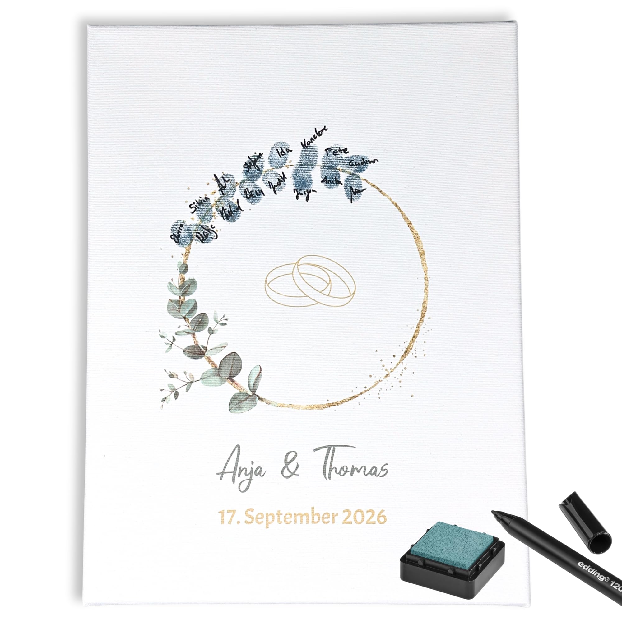 Personalisierte Leinwand Fingerabdruck Eukalyptus Design inkl. Stempelkissen Stift Hochzeit