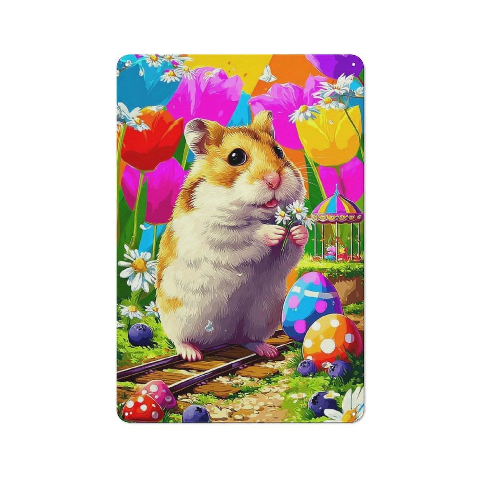 Junmoney Hamster In A Colorful Garden Vintage Metal Plaque 30X20cm For Café Or Restaurant, A Decorative Gift For A Newly Furnished Café And Restaurant