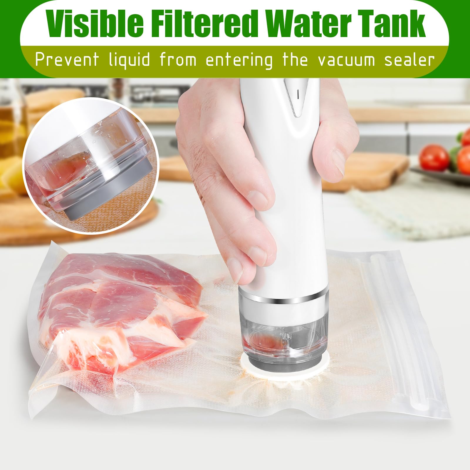 Sellador al vacío de mano, sellador al vacío de alimentos con 30 bolsas de vacío reutilizables, ahorro de alimentos recargable portátil para una frescura 5 veces más larga, con tanque de agua visible