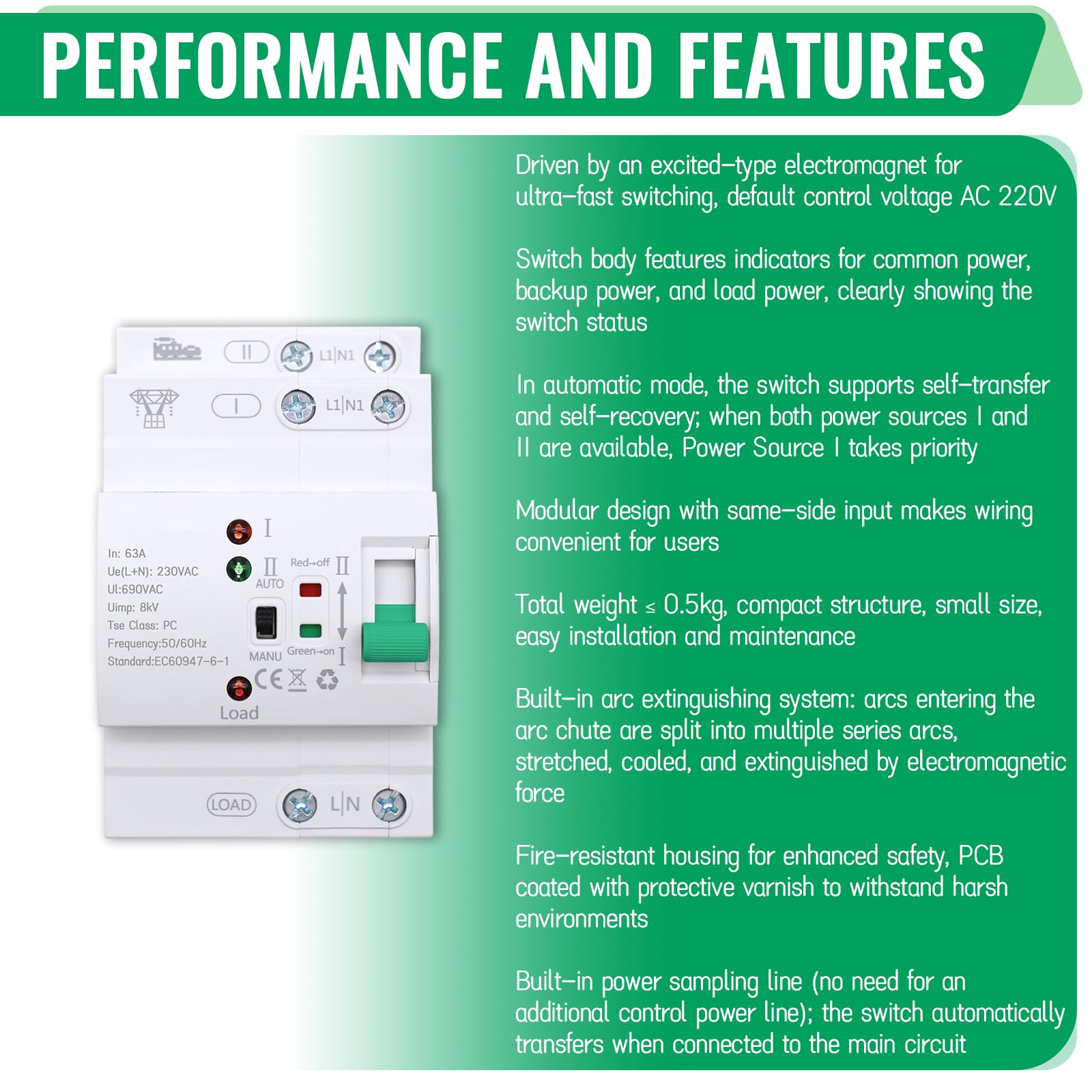 Automatischer Transferschalter, ATS 2P 63A 400V Transferschalter Hutschiene ATS, Dual Power Umschalter Hutschiene, Elektrischer Lastumschalter Für Dreiphasen-Stromversorgung