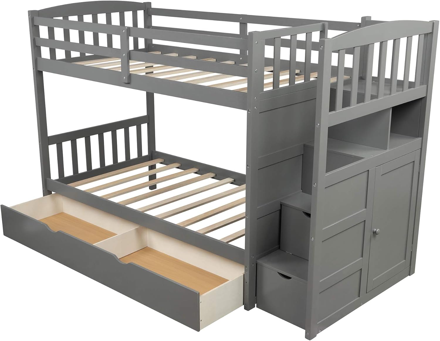 Flieks Twin Over Full/Twin Bunk Bed showing the staircase storage unit with its cabinet door open, revealing an interior shelf.